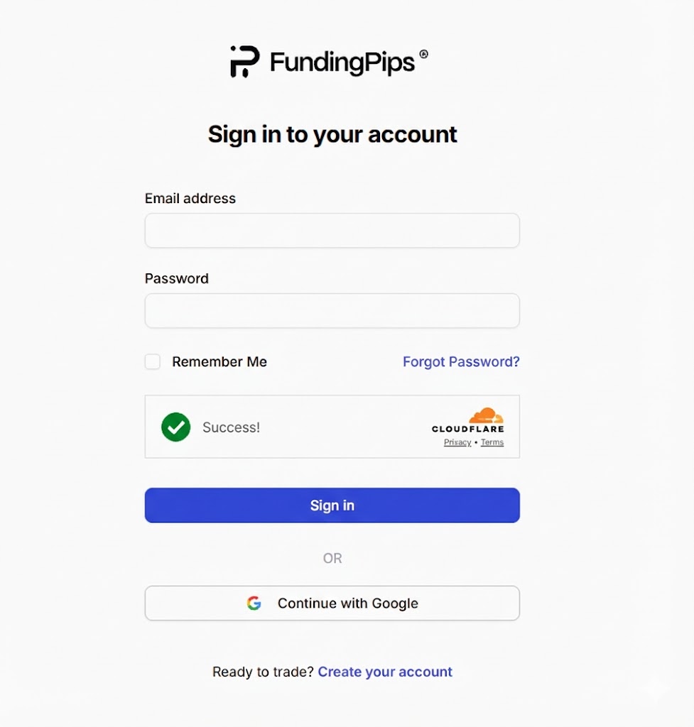 Funding Pips login page displaying username and password fields securely