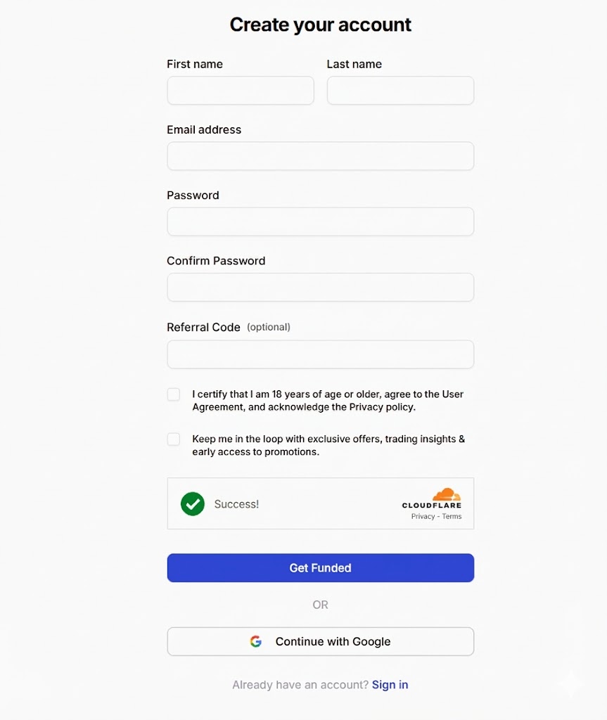 User registration form for Funding Pips account creation